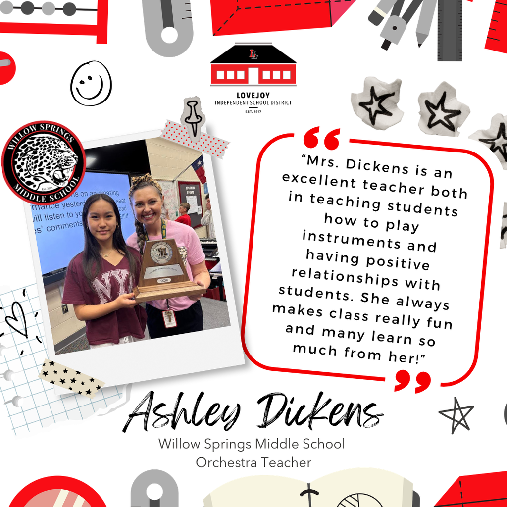 A collage with two women holding a trophy, text reads "Ashley Dickens, Willow Springs Middle School Orchestra Teacher".