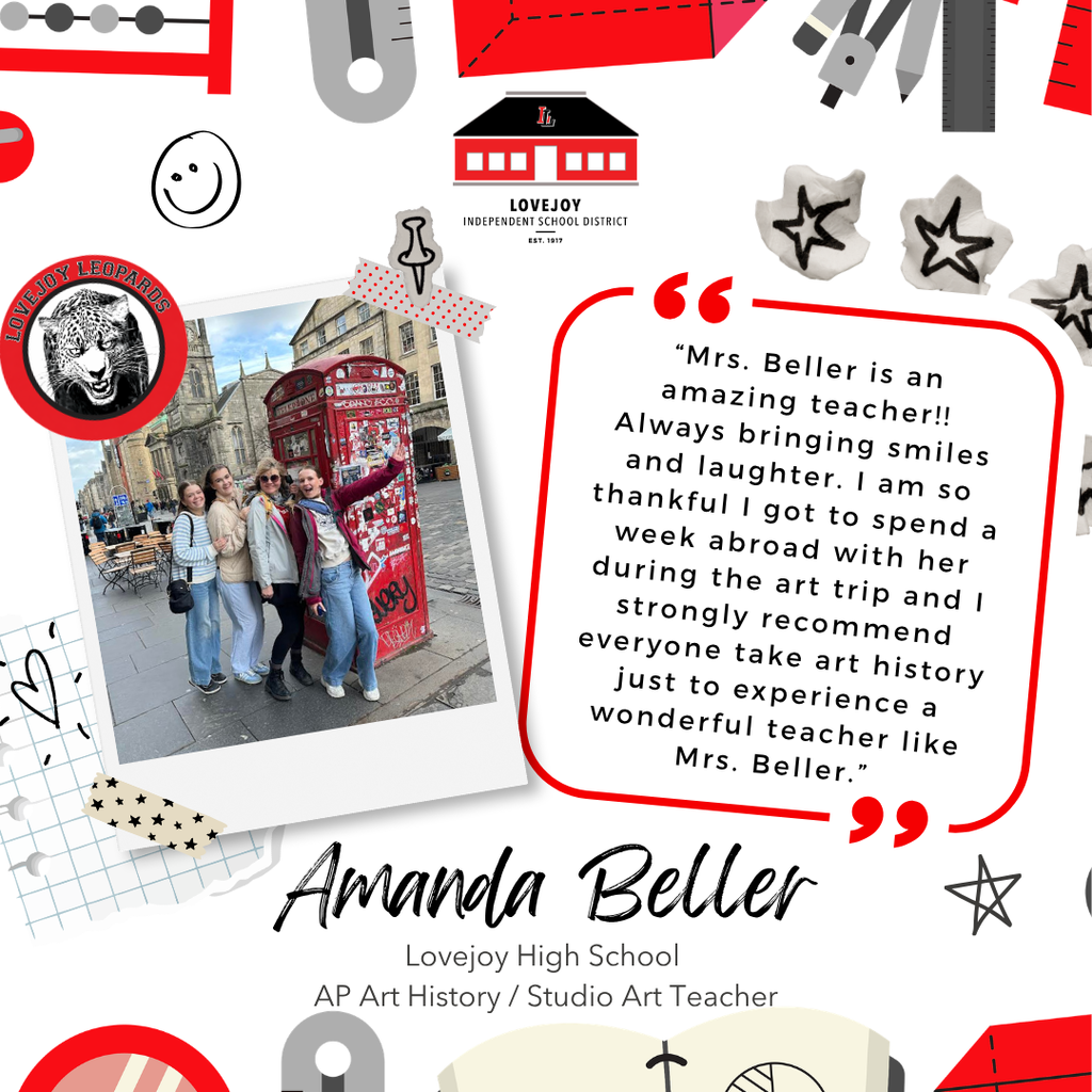 A collage includes a photo of four individuals and a testimonial. Background is patterned with stars, houses, and other shapes.