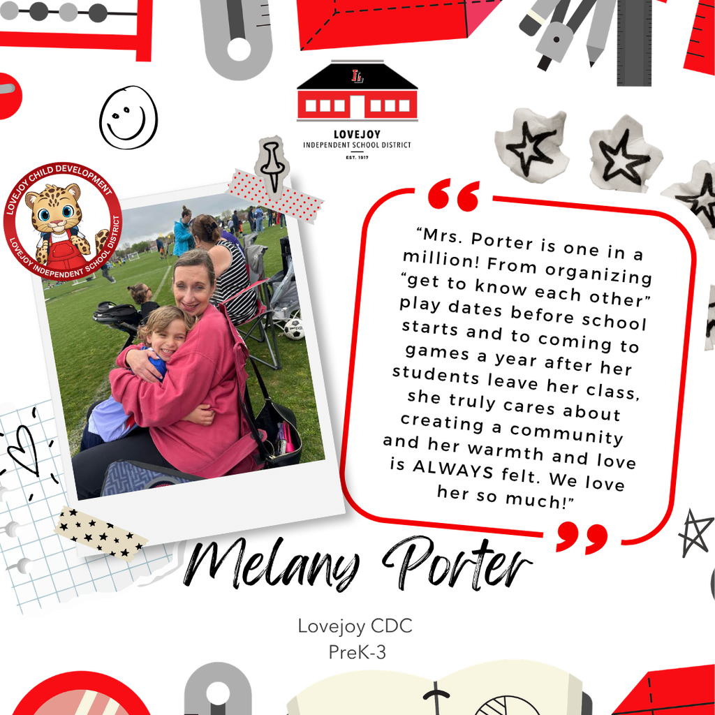 A collage with text and photos featuring a preschool teacher with a student. Background includes shapes and stars.
