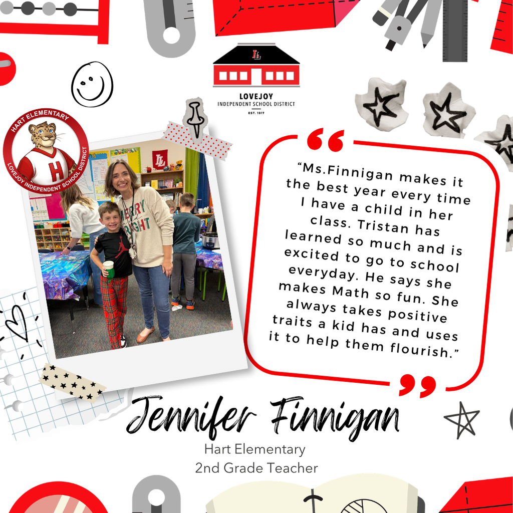 Collage of colorful shapes with a testimonial from a student and a teacher named Jennifer Finnigan.