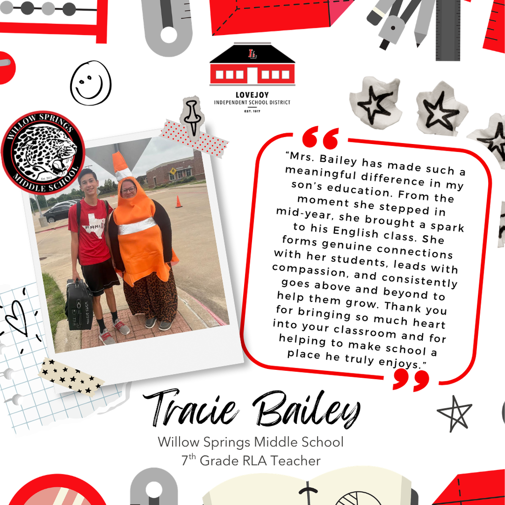 Photo collage of a teacher, Tracie Bailey, with a student, showing colorful patterns and a testimonial.