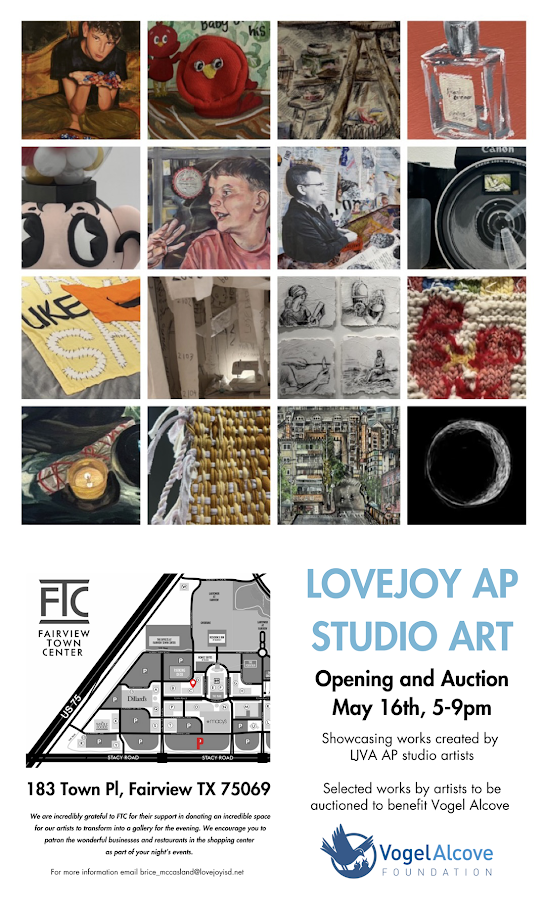 A promotional flyer for an art studio auction. It features various art pieces, including drawings, photographs, and fabric.