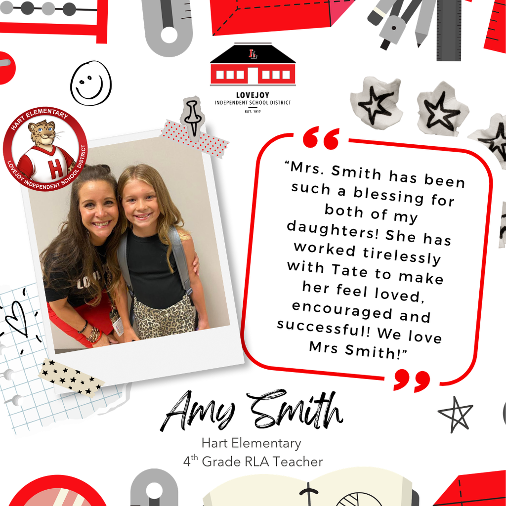 Collage with central photo of two smiling girls. Quote in red box says: "Mrs. Smith has been such a blessing."