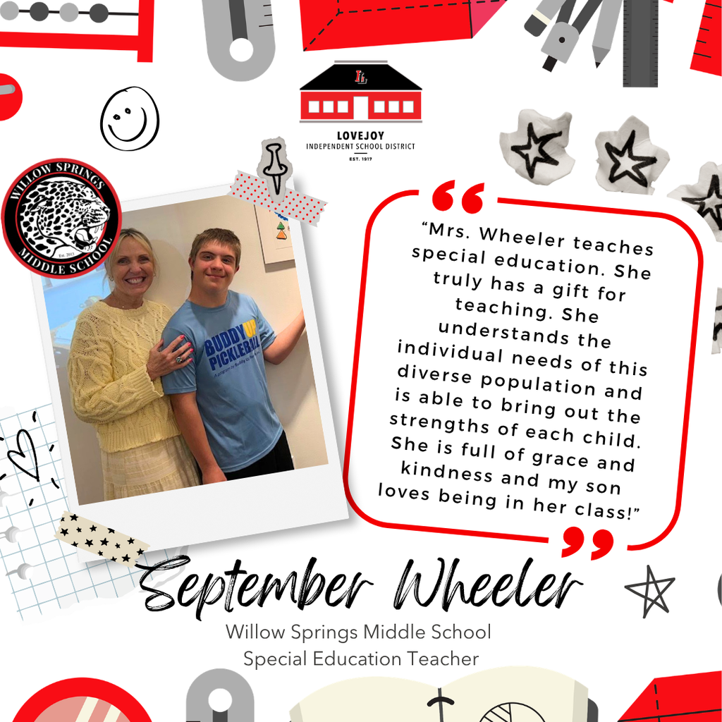 A collage of colorful icons and a student's photo. The text praises September Wheeler, a special education teacher.