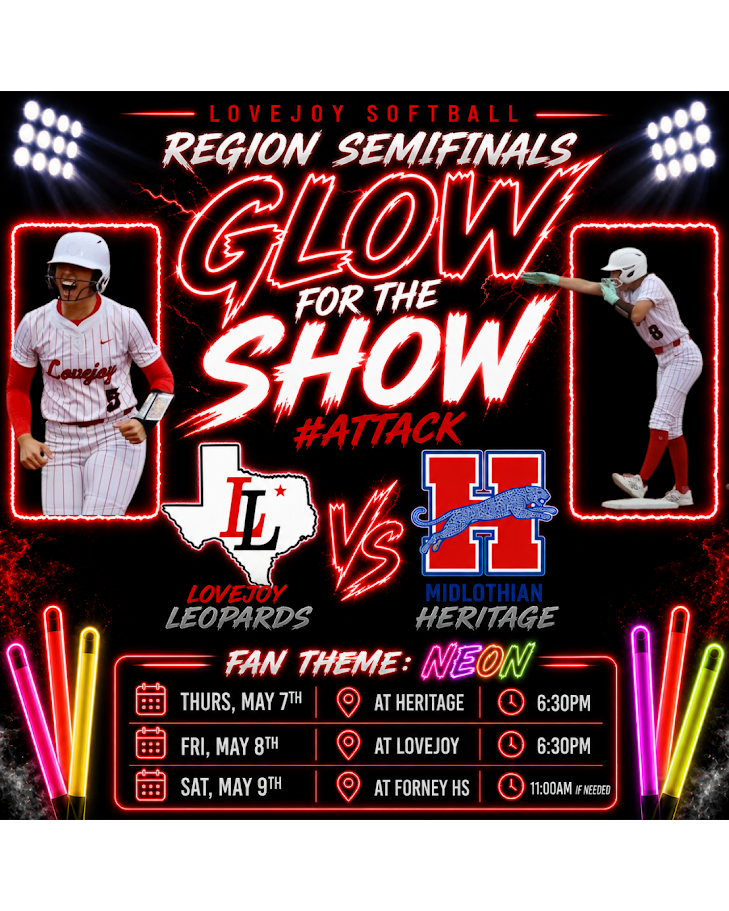 Poster featuring two players in uniforms with helmets. Team names are Lovejoy Leopards and Midlothian Heritage. Dates and locations for games.