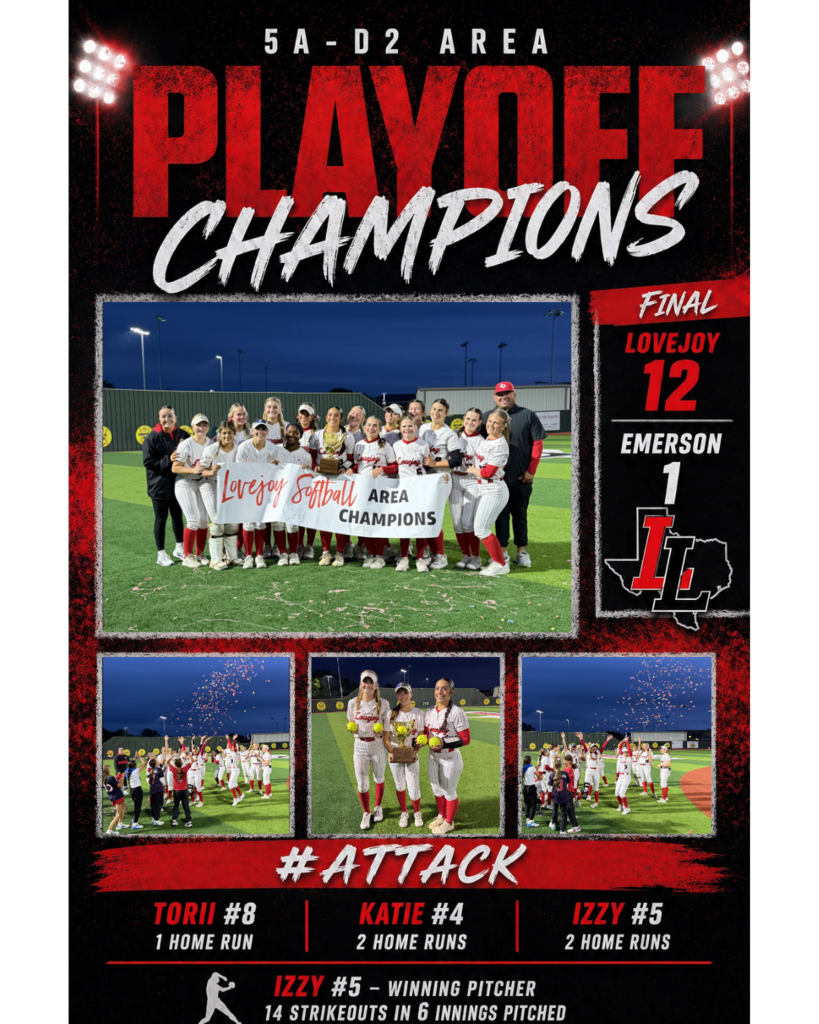 A poster celebrates the 5A-D2 Area Playoff Champions. Three photos show players and a crowd. Names and achievements are listed.