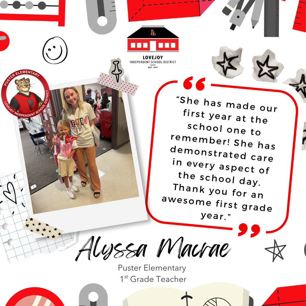A photo collage features a woman and child with a testimonial quote. Background includes stars, a building, and school items.