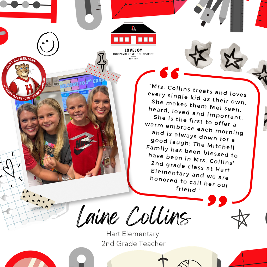 Collage of photos with a testimonial about Laine Collins, a 2nd grade teacher at Hart Elementary.