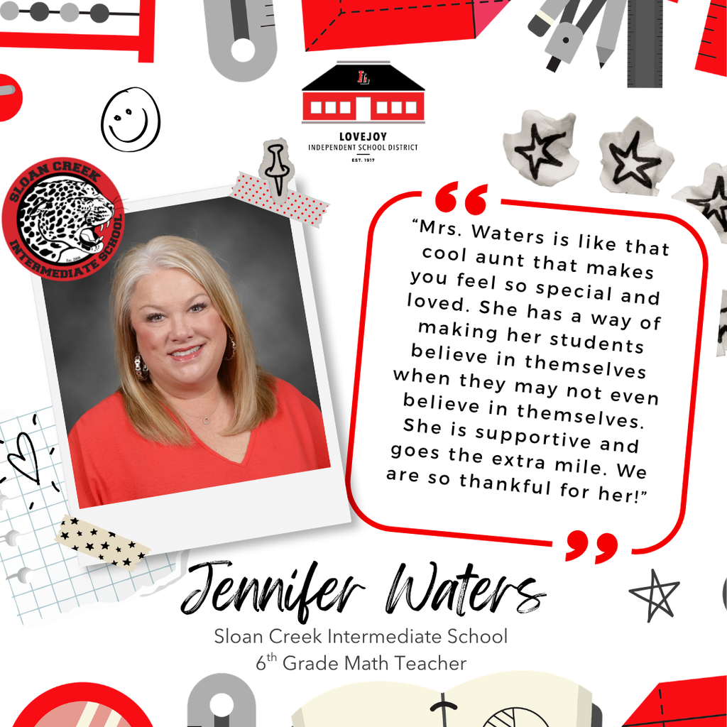 A collage with a smiling woman's photo, surrounded by shapes and text. Text reads: "Jennifer Waters, Sloan Creek Intermediate School, 6th Grade Math Teacher."