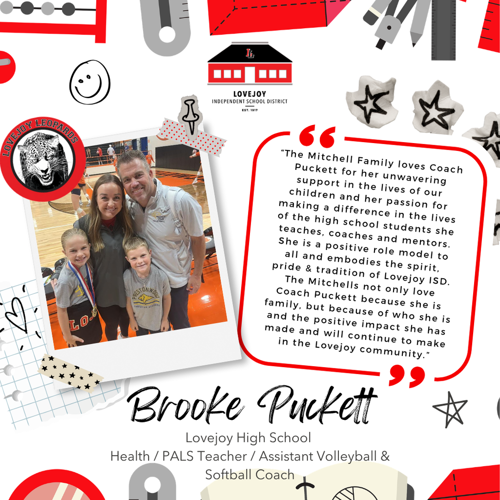 A collage includes Brooke Puckett's photo with her family, a testimonial, and various icons. The background is colorful and patterned.