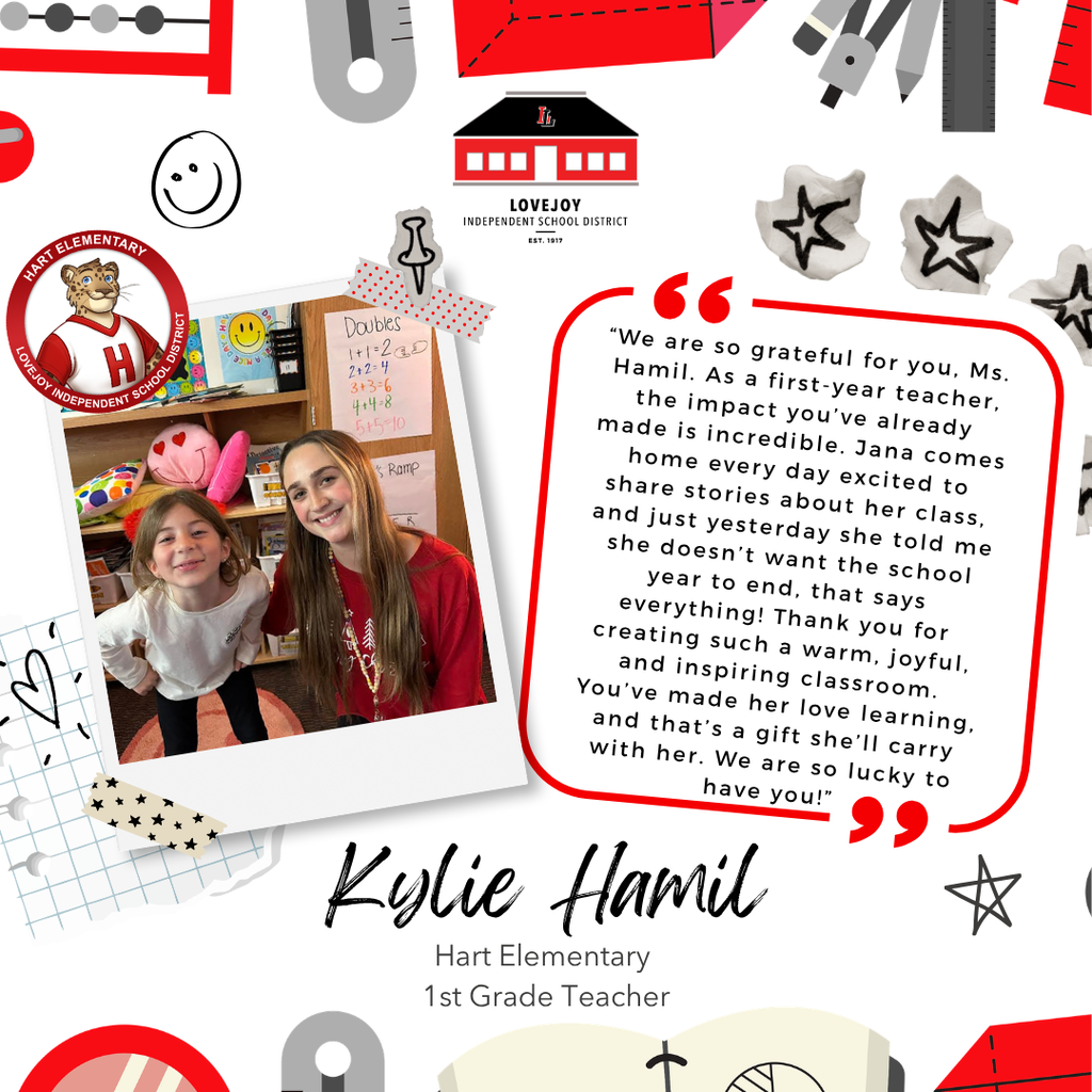 A page with a collage of icons and text praising Kylie Hamil, a 1st grade teacher, includes a photo of her with a child.