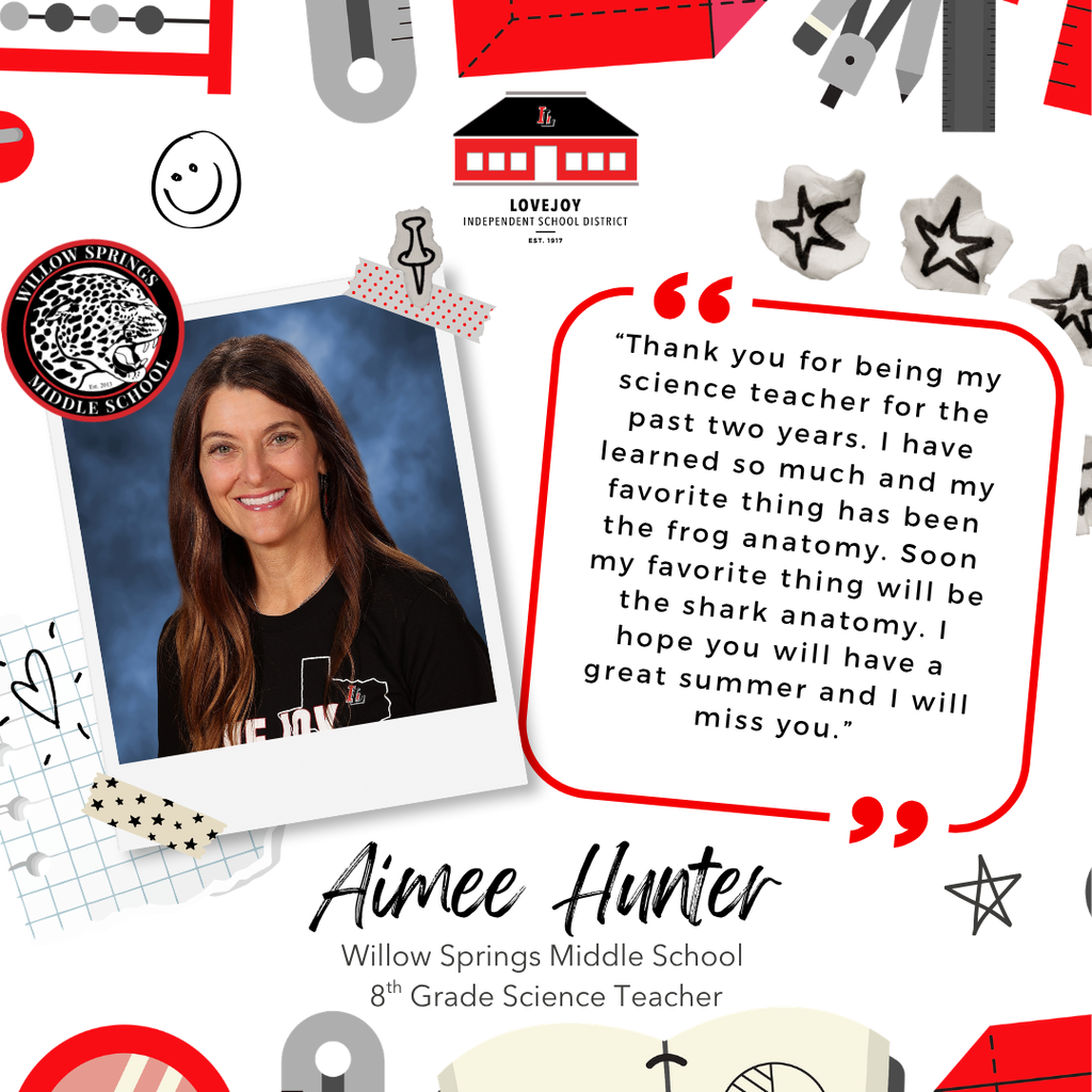 A collage with a smiling female teacher. The text reads "Aimee Hunter Willow Springs Middle School 8th Grade Science Teacher."