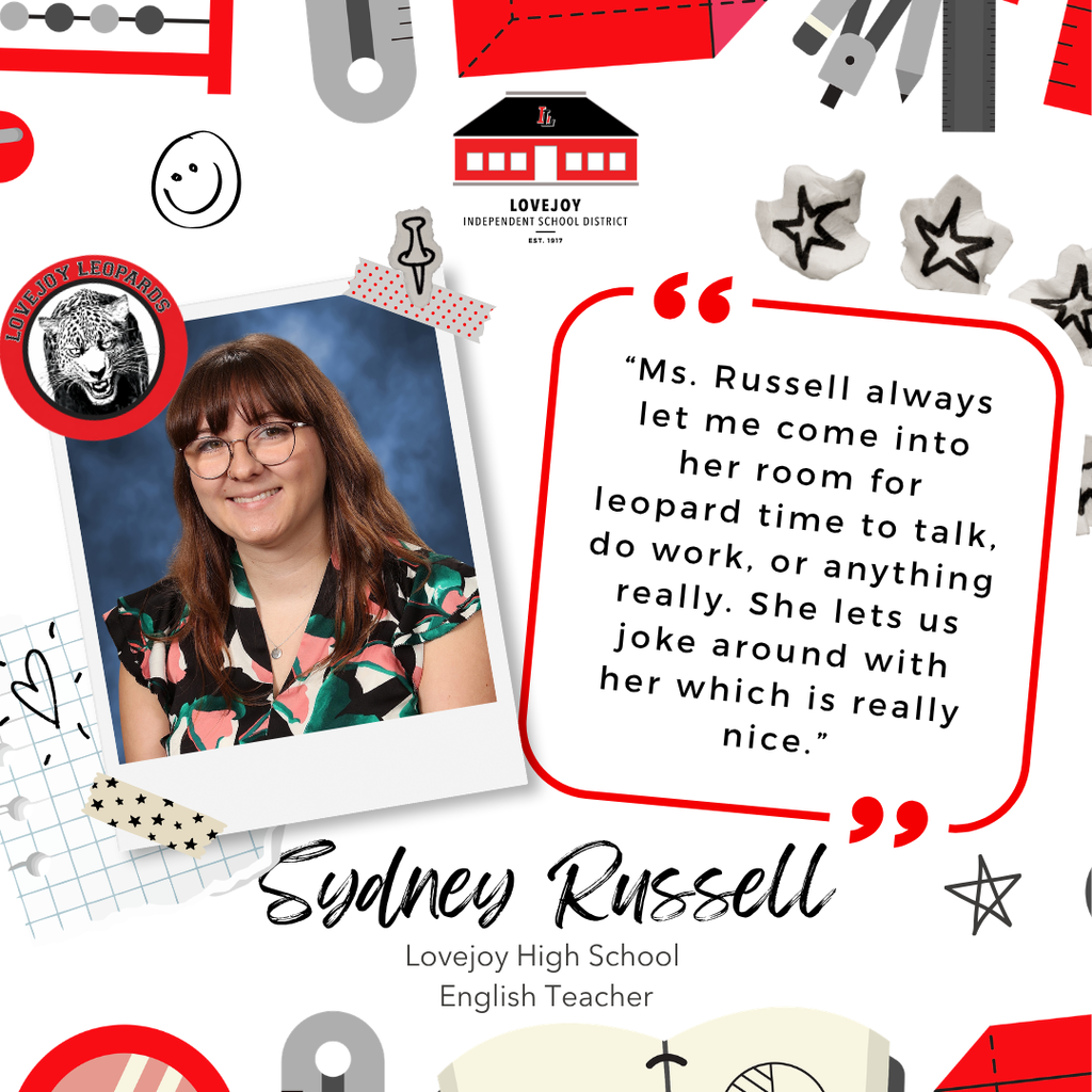Graphic displays a photo of a smiling woman, text below reads "Ms. Russell" and "English Teacher" with a quote from a student.