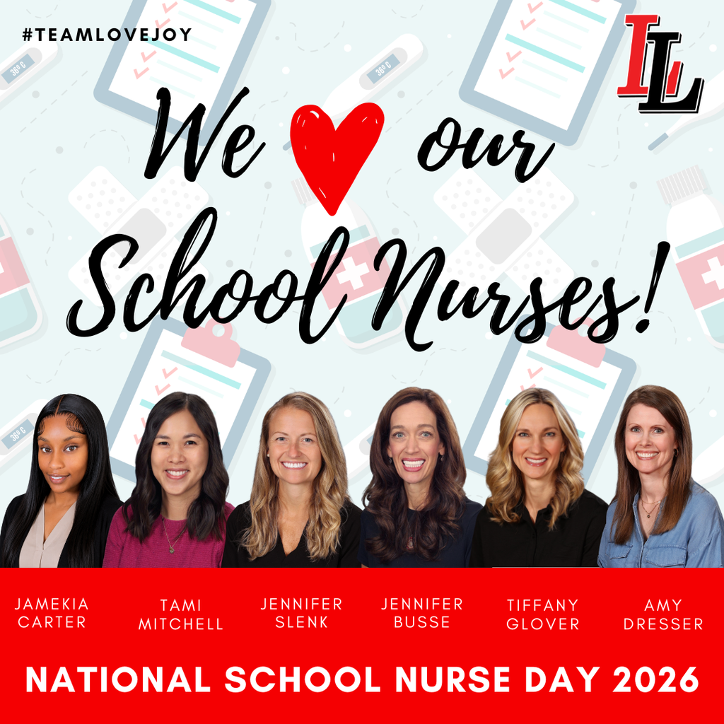 A poster highlights school nurses with a red heart. Six smiling women are below, names and year listed.