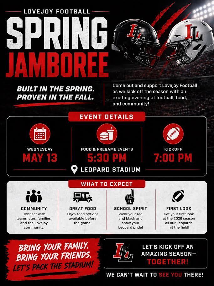 A poster for the Spring Jamboree with details including date, food, kickoff time, and location.