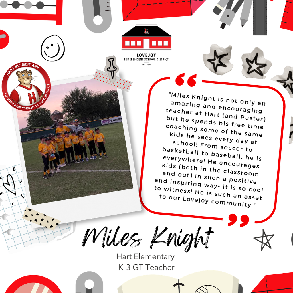 Text and photos highlight a teacher named Miles Knight, with a collage of images and an inset photo of a group.