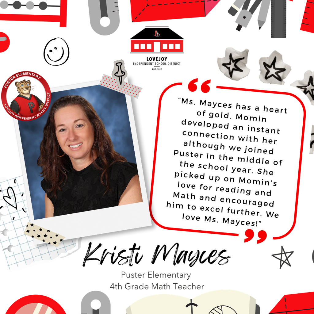 A collage includes a smiling woman, "Kristi Mayces," and text praising her as a fourth-grade math teacher.