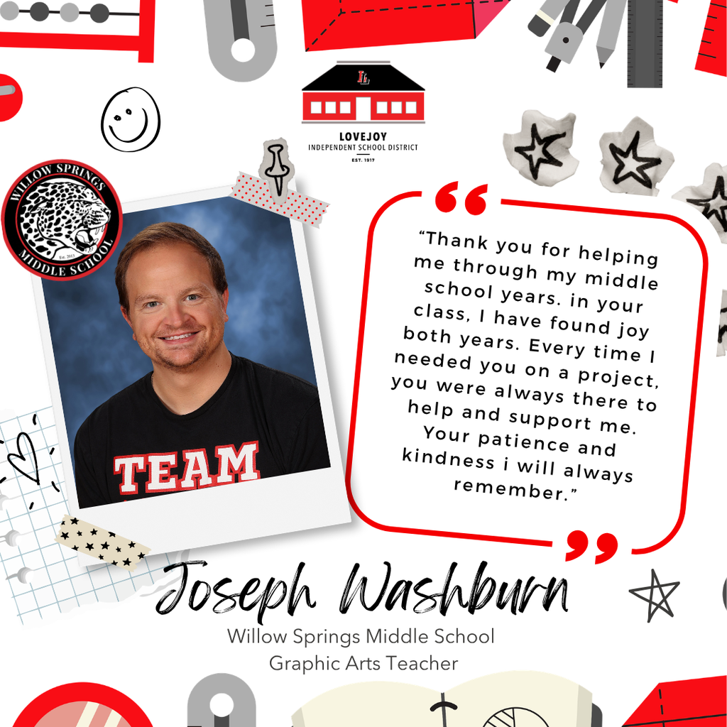A collage with Joseph Washburn's photo and a testimonial. Text reads, "Thank you for helping me through my middle school years."