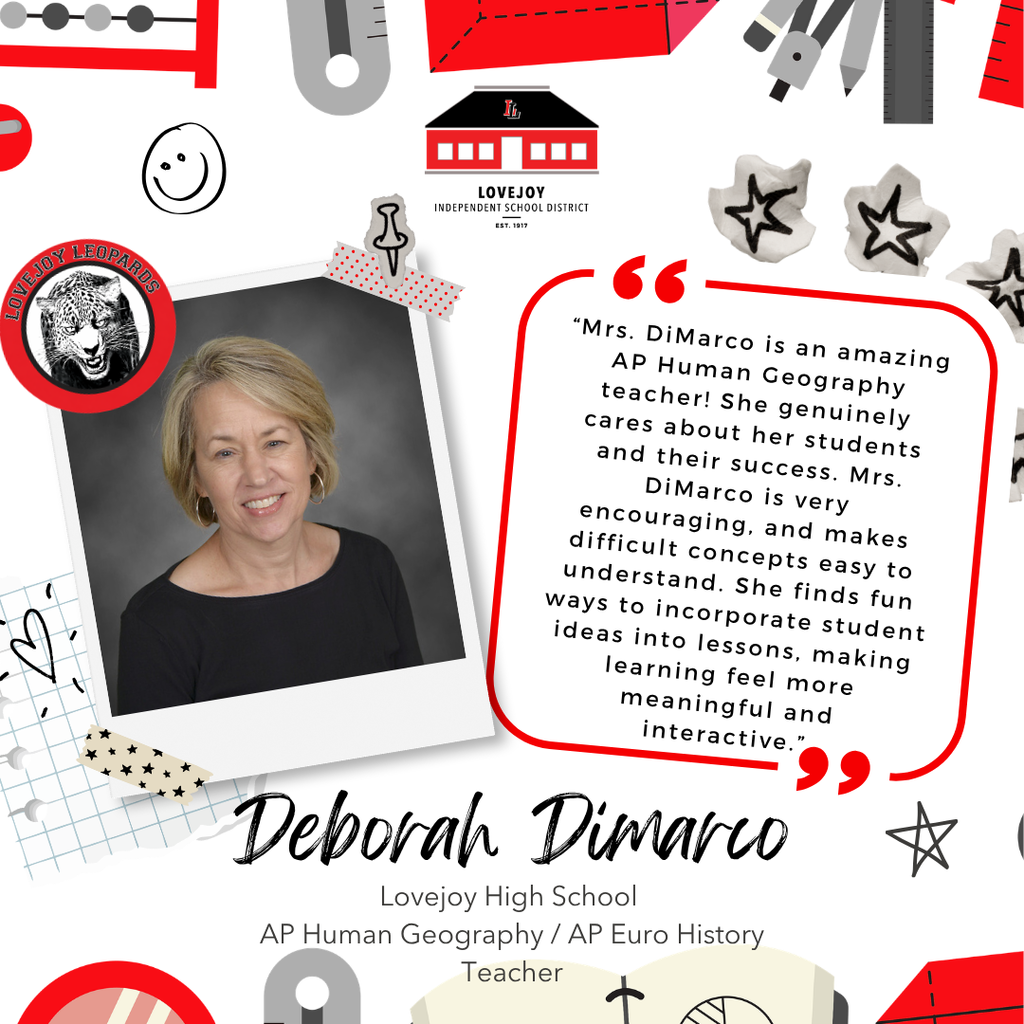 A collage features a teacher's photo, a quote praising her teaching, and various educational icons on a patterned background.