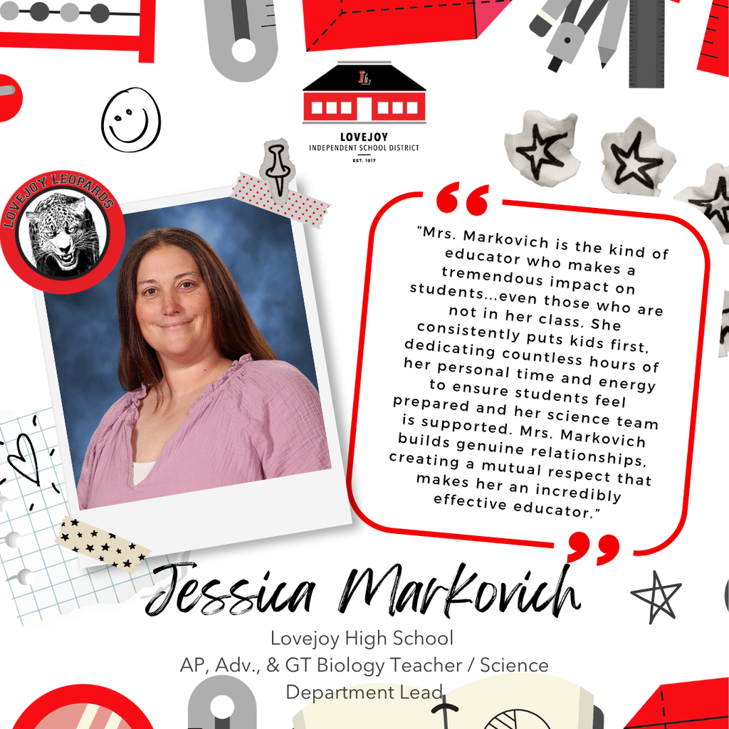 A collage of icons and a smiling woman named Jessica Markovich. Text highlights her dedication as a teacher.