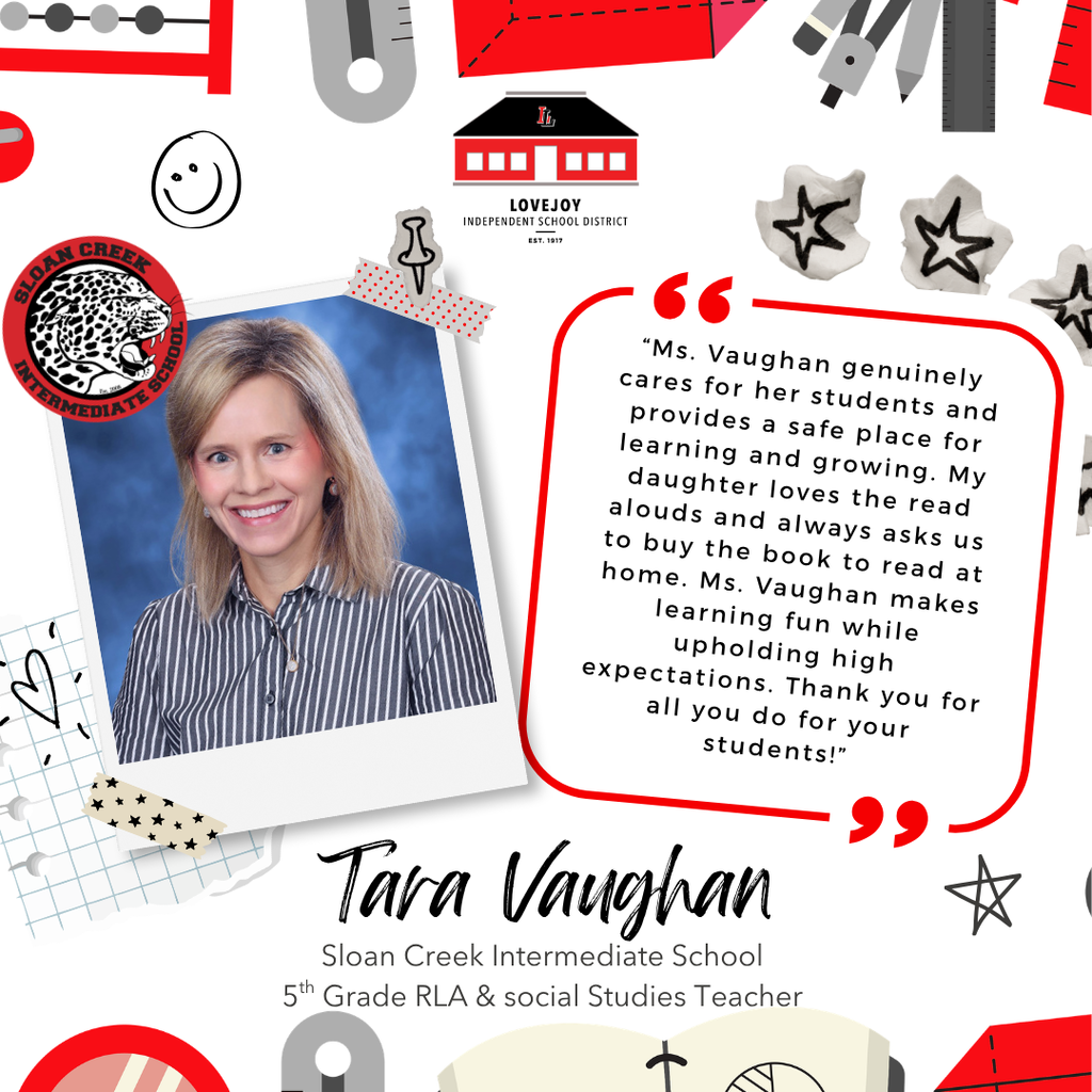 A collage of various icons and text praising Tara Vaughan, a teacher. Photo of a smiling woman is featured.