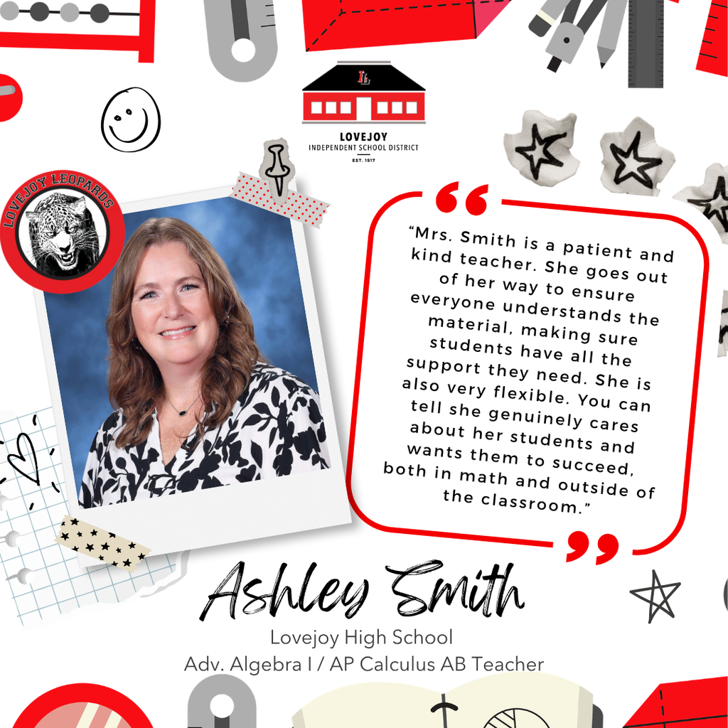 A collage featuring a woman's photo, "Ashley Smith," and a quote about her teaching skills, surrounded by stars, hearts, and educational icons.