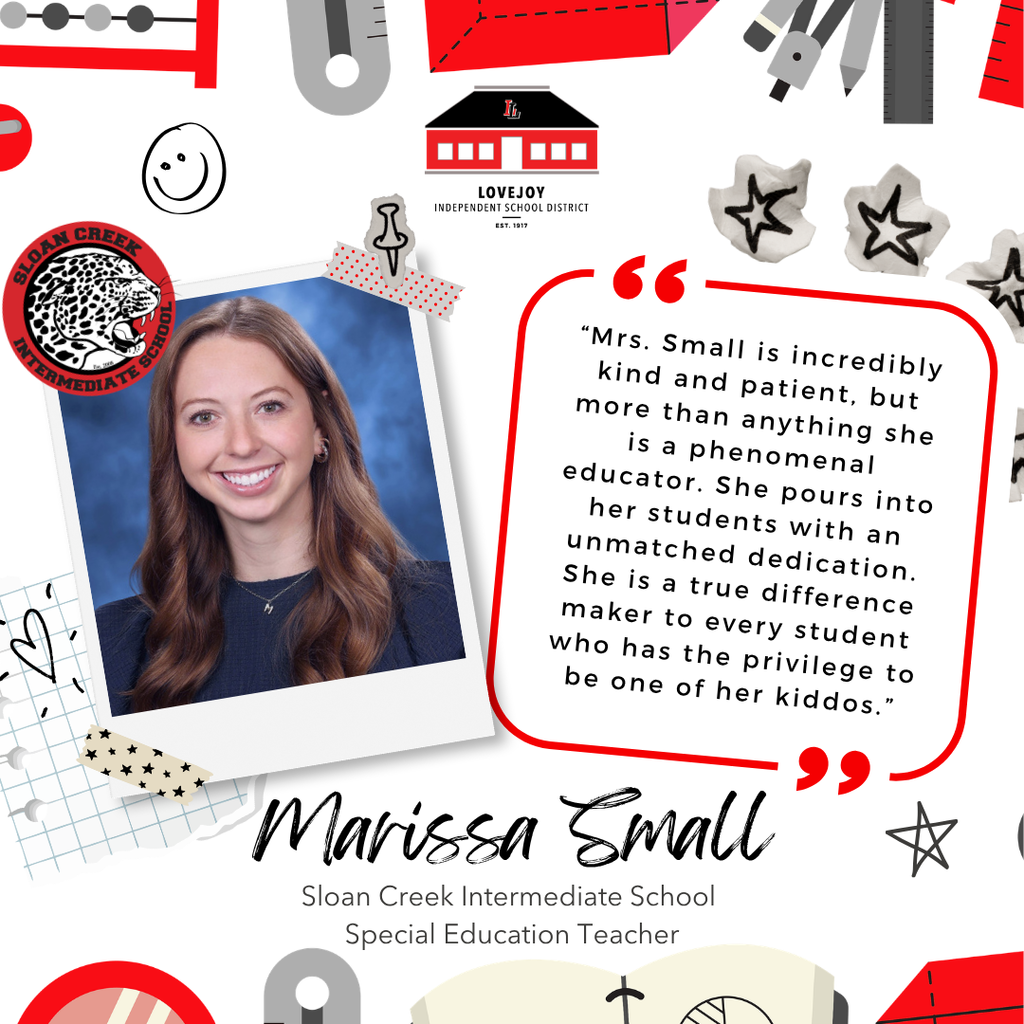 A collage of icons and shapes with a smiling teacher, Marissa Small, in the center. Text highlights her kindness, patience, and dedication as a special education teacher.