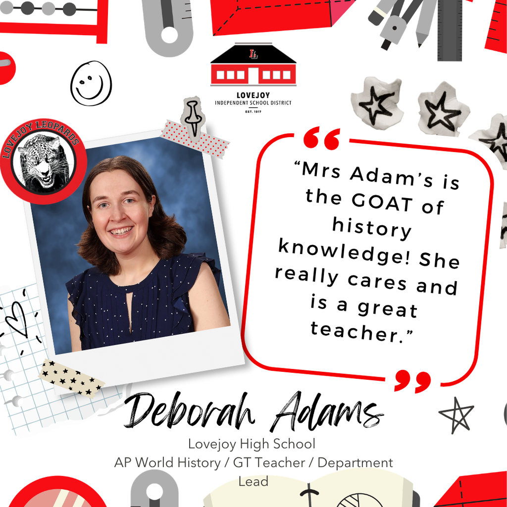 Photo collage features a smiling teacher with text praising her dedication and teaching skills. Background includes school-themed icons.
