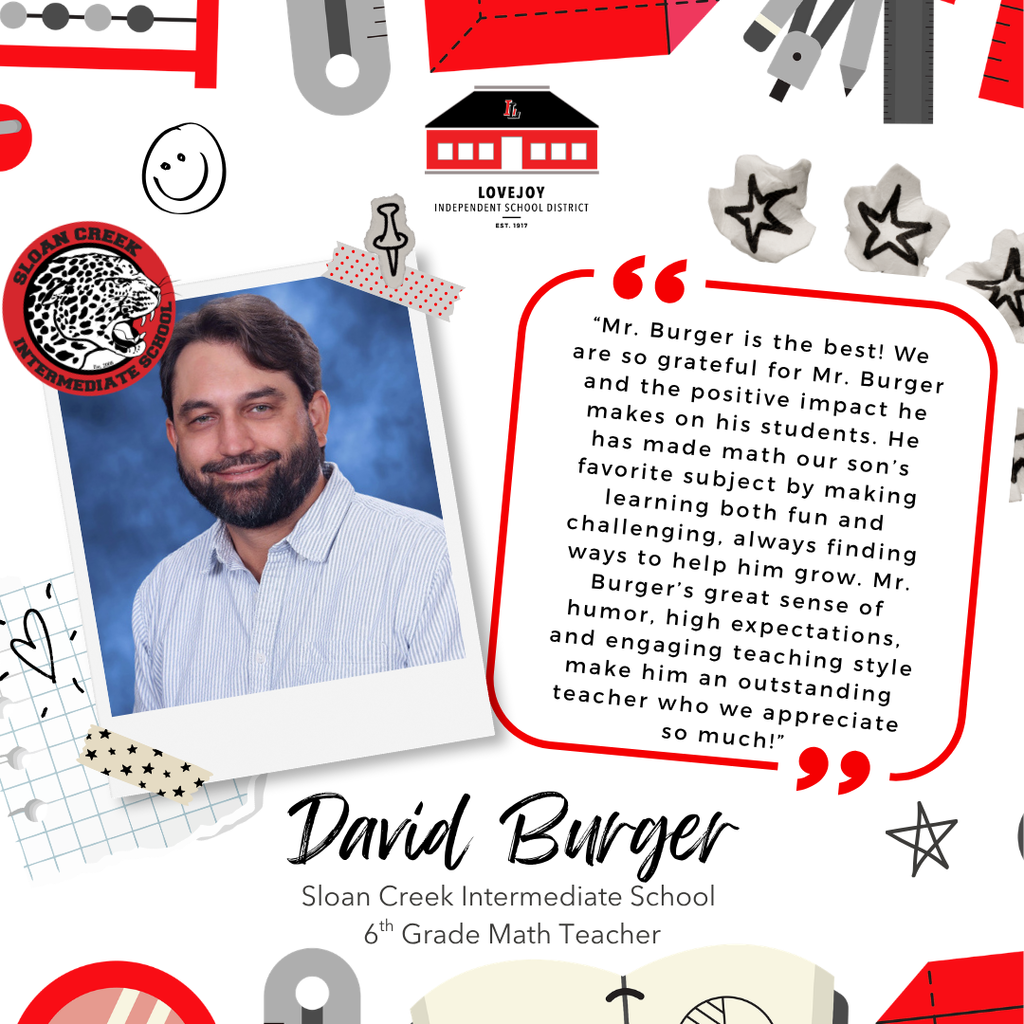 A collage of educational icons with a teacher’s photo. A quote from a parent praises Mr. Burger’s teaching style.