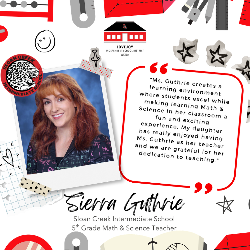 A collage of educational icons and symbols features a smiling woman named Sierra Guthrie. A quote highlights her teaching skills.