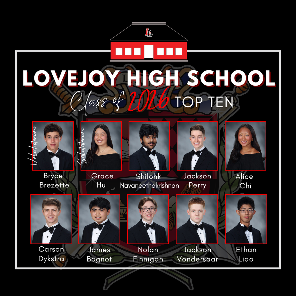 A poster featuring ten students in formal attire, labeled with names and school, against a black background.