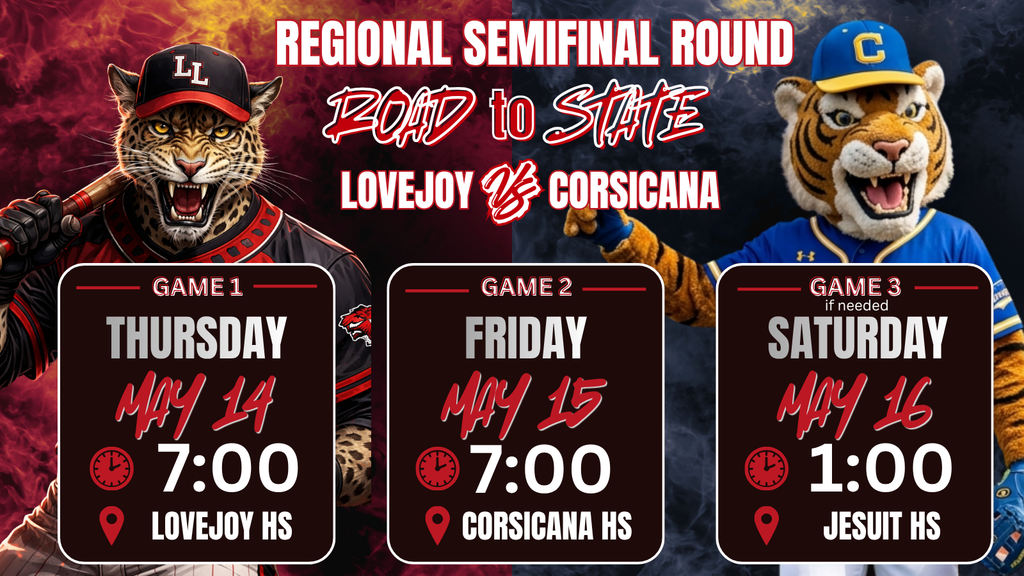 Red and black background with a cat mascot and a tiger mascot. Text reads "Regional Semifinal Round." Schedule below.