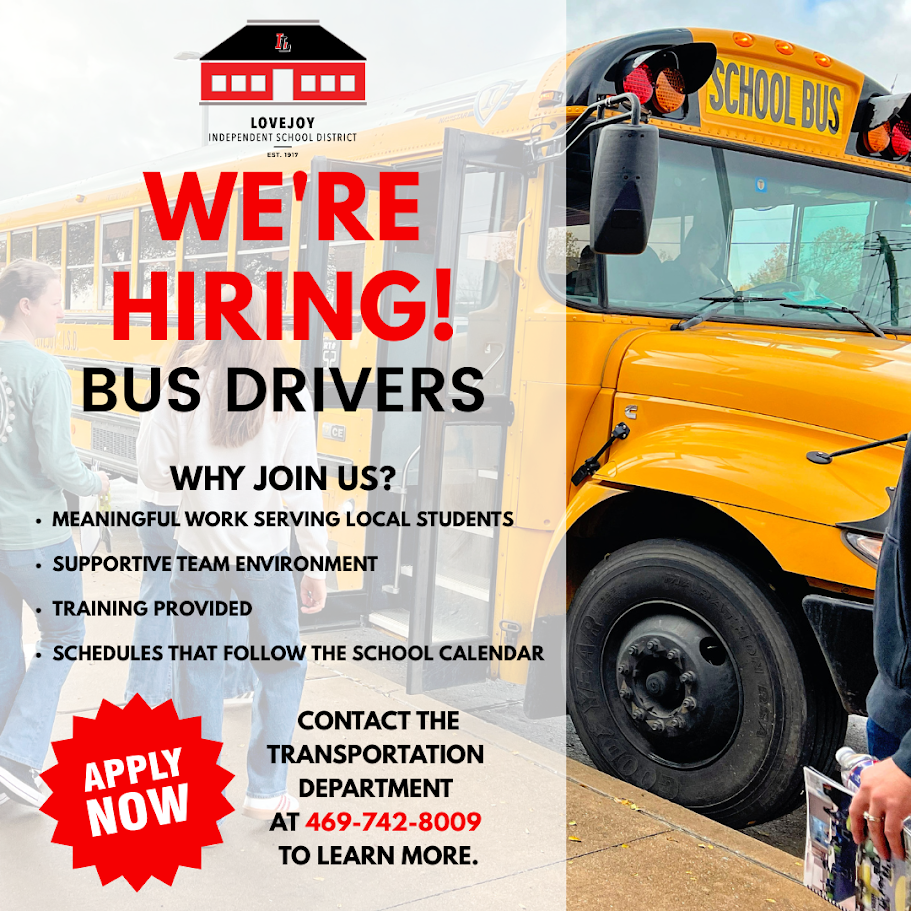 Advertisement for bus drivers with text. A yellow school bus is parked. People walk near the bus.