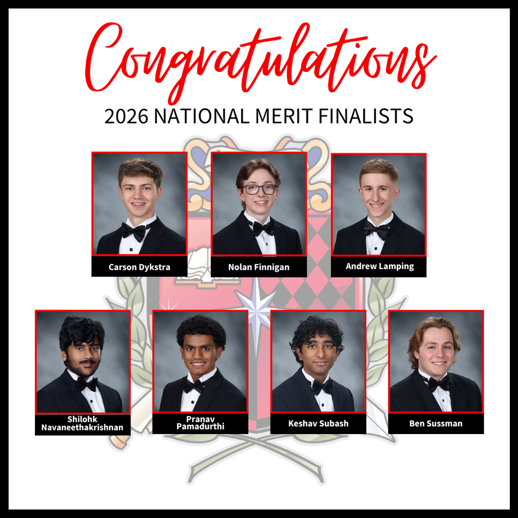 Seven young men in formal wear, each with a name, are listed as 2026 National Merit Finalists.