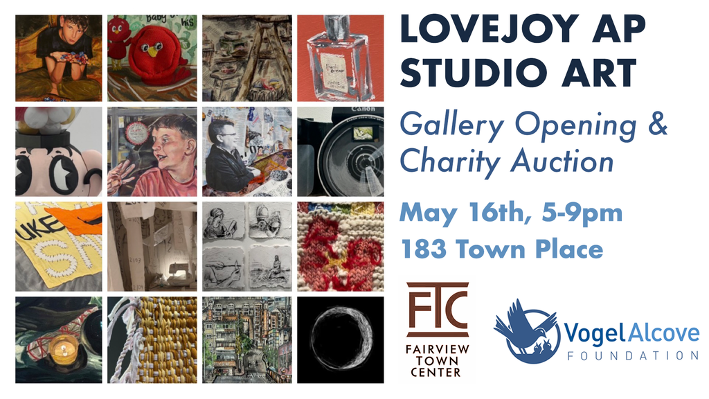 A collage of various artworks, including paintings, sculptures, and photographs. Text overlays advertise a gallery opening and charity auction.
