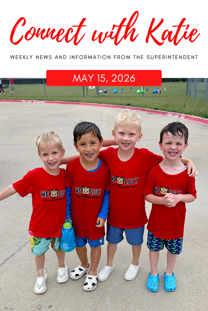 Four children in red shirts and shorts pose for a photo. A background shows an open area with grass.