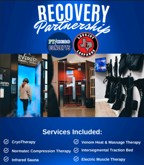 Advertisement poster featuring a blue background with text "Recovery Partnership". Three images show a person in a cryotherapy chamber, a room with a glass door, and equipment.