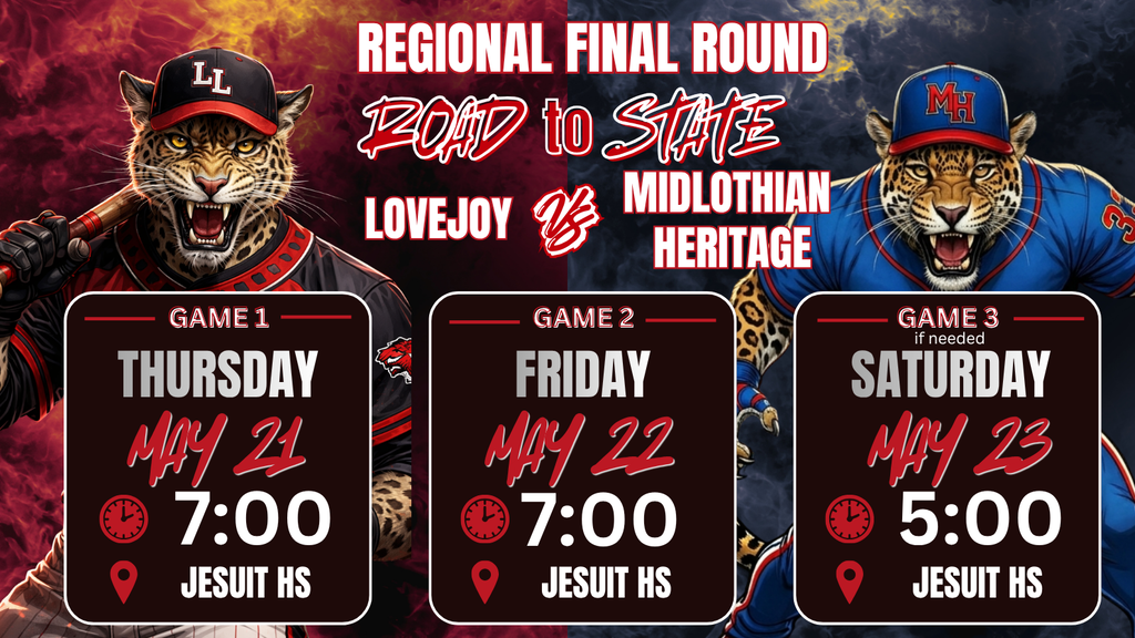 Promotional graphic with two lions, one in red and one in blue, advertising Regional Final Round games on May 21, 22, and 23 at Jesuit High School.
