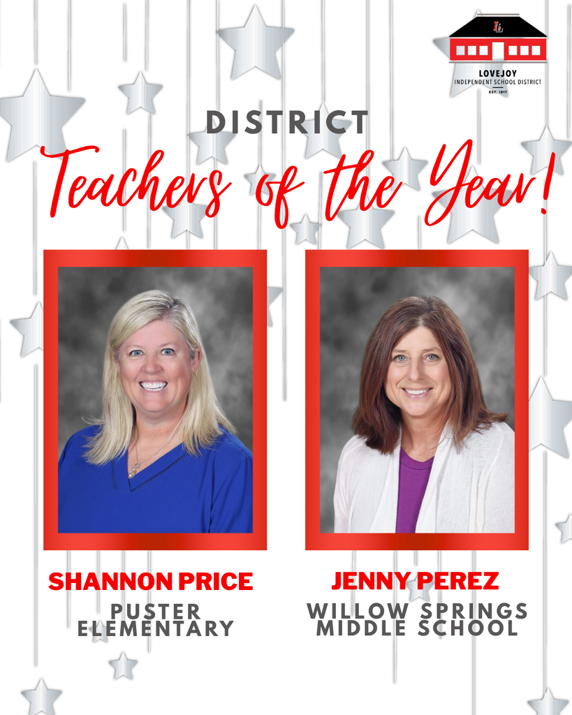 An award poster displays two teachers' photos with their names, schools, and a district recognition message.