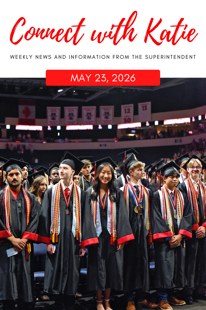 Graduates in caps and gowns stand at a ceremony with red and white text reading "Connect with Katie."