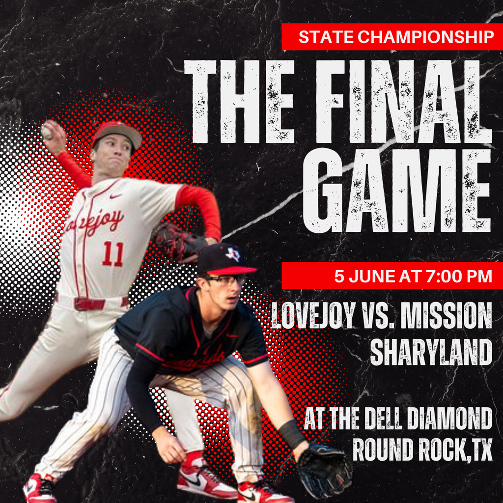 Poster with baseball players and event details. Two players in white and black jerseys. Text reads "THE FINAL GAME" and "LOVEJOY VS. MISSION SHARYLAND."