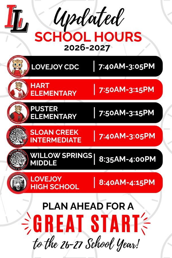 An advertisement displays updated school hours for the 2026-2027 school year with logos and names of schools.