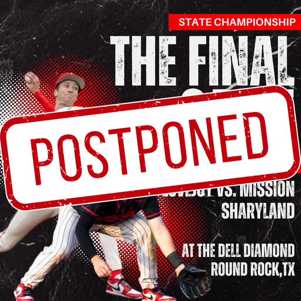 Red sign reading "POSTPONED" covers a poster showing two baseball players. Background shows a dark, textured surface.