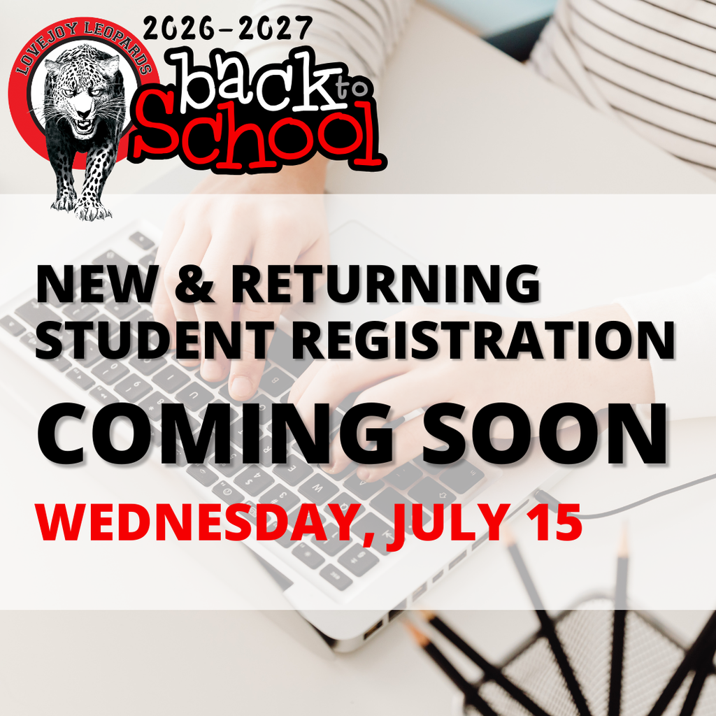 Advertisement for student registration, featuring a person typing on a laptop. Text reads "New & Returning Student Registration Coming Soon".