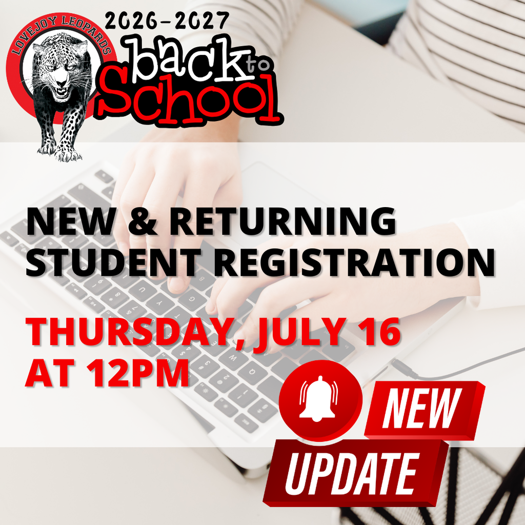 An advertisement with a lion logo, hands on a laptop keyboard, and text for new and returning student registration on July 16 at 12 PM.