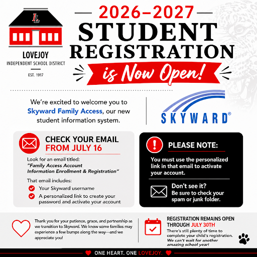 Registration open for 2026-2027 school year. Check email July 16 for enrollment link. Use link to activate account.