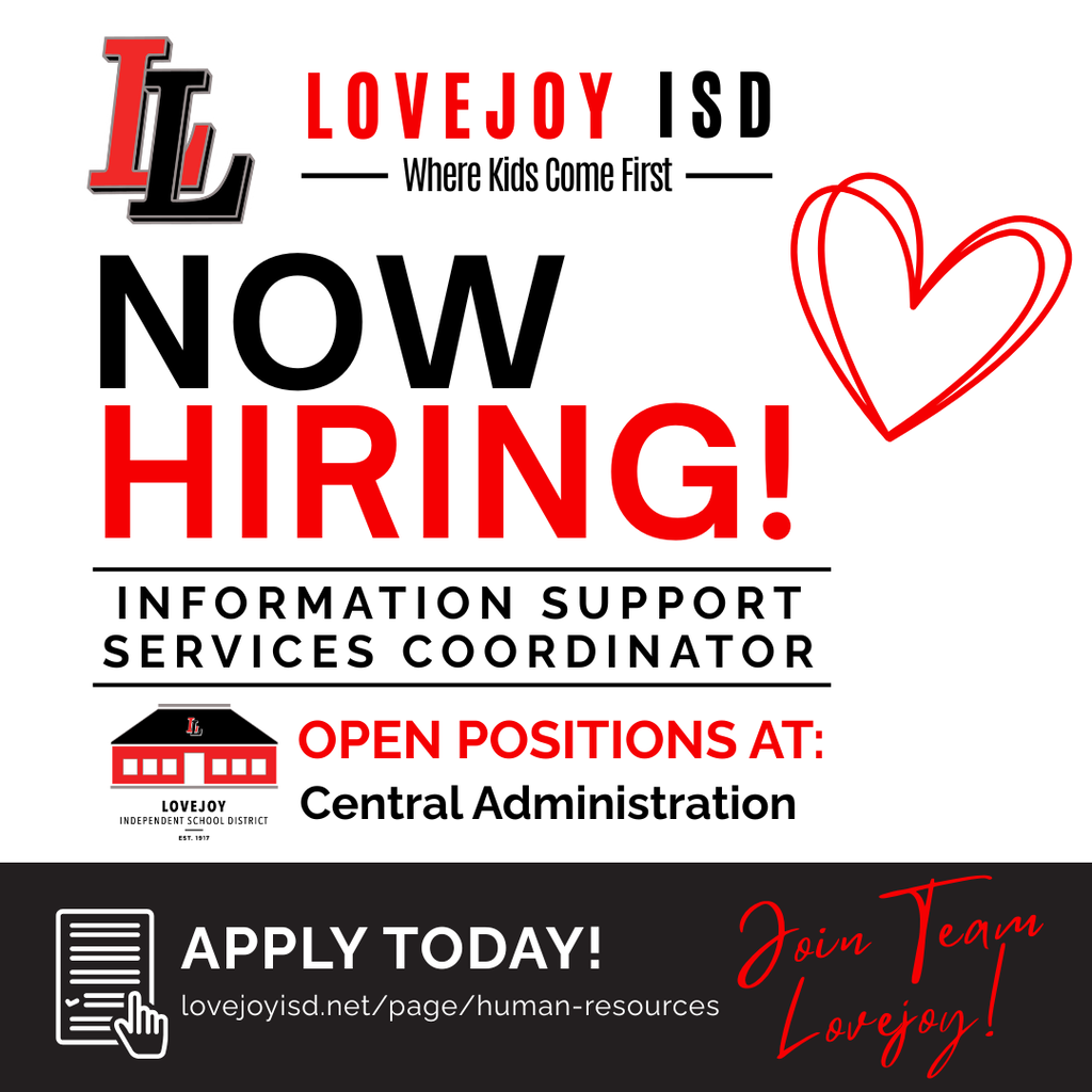 Red and black advertisement with "Now Hiring" in red, "Information Support Services Coordinator" in black, and a red heart.