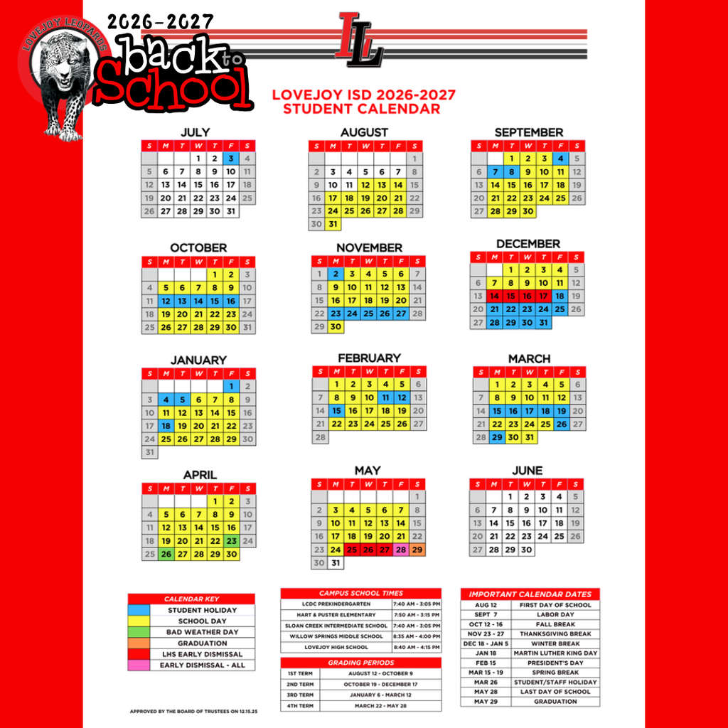 A calendar displaying the academic year 2016-2017 with color-coded months, days, and events.
