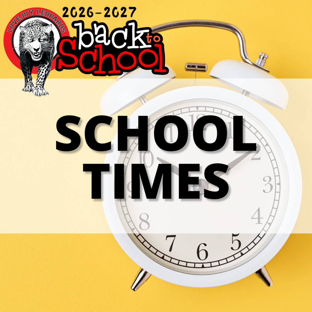 A clock face on a yellow background displays the words "SCHOOL TIMES" with numbers 1-12. A red logo with a leopard and "BACK TO SCHOOL" is above it.
