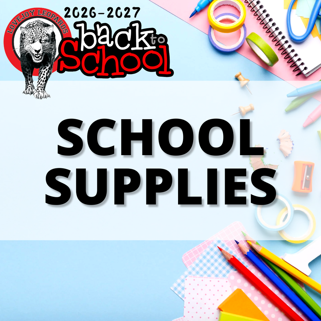 A colorful display featuring text "SCHOOL SUPPLIES" over a blue background, with various school items like pencils and scissors.